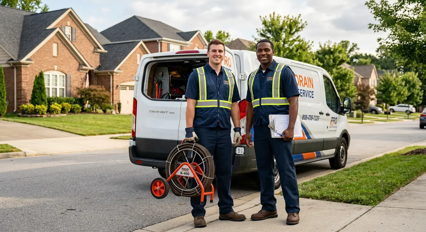 Sewer and drain service team with equipment ready for work in Summerfield