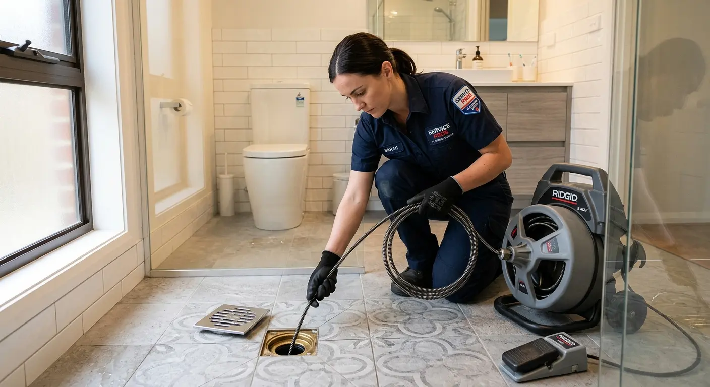 Technician clearing a bathroom floor drain for Drain Repair in Summerfield